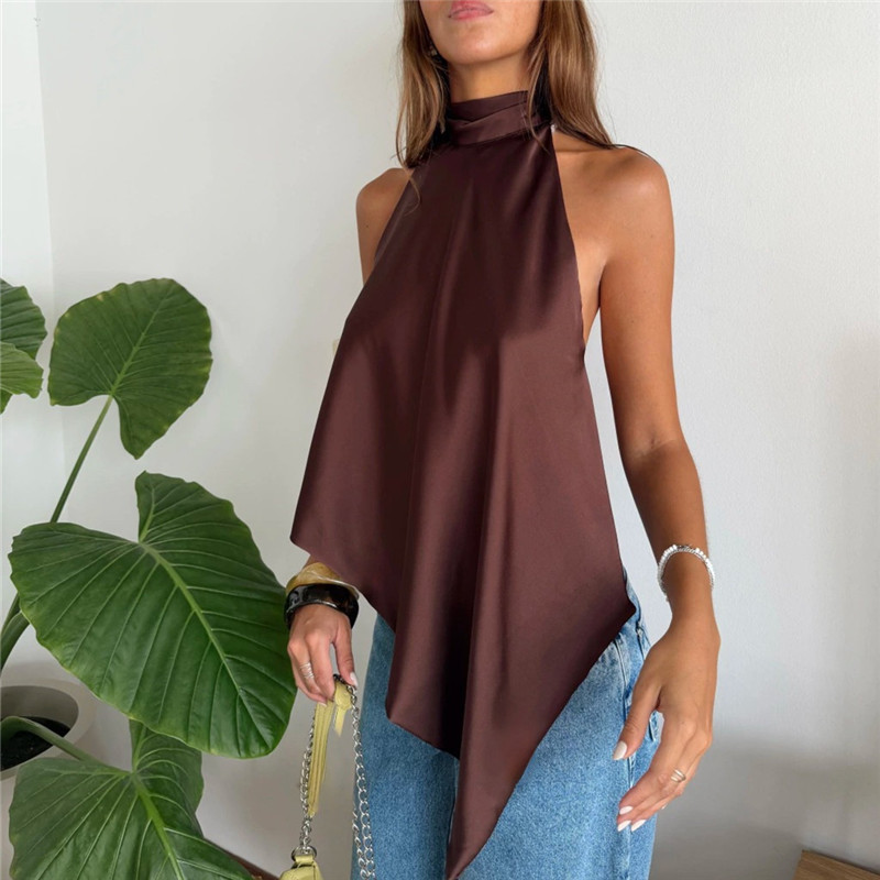 Hirigin – Hauts en satin pour femmes, dos nu sexy, asymétriques, sans manches, à lacets au dos, en soie, pour sortir