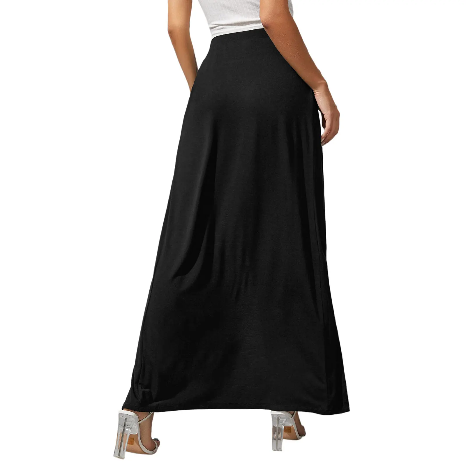 Combhasaki femmes été Boho maillots de bain élastique taille haute couleur unie côté haute fente coupe ample Absorption de la sueur jupes longues