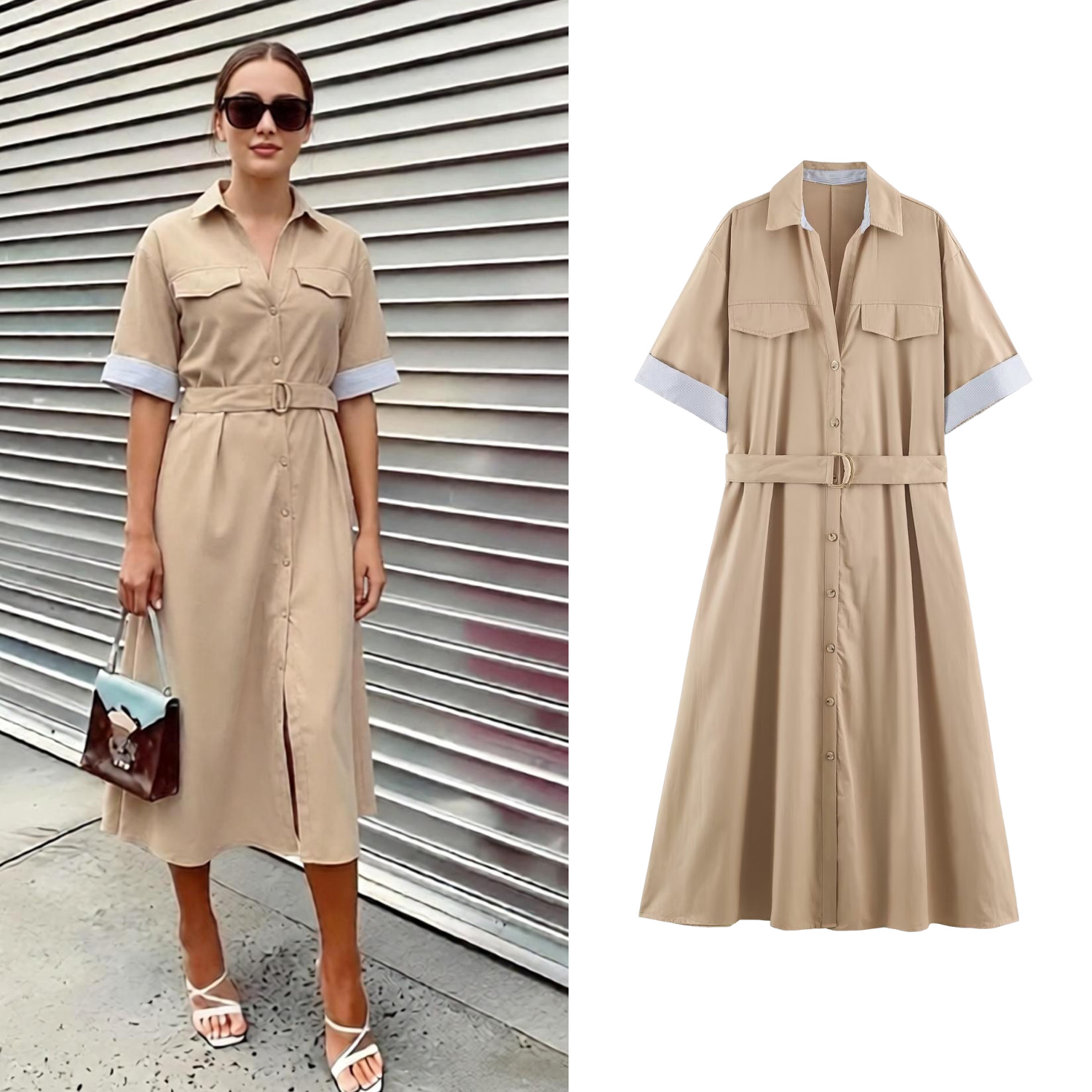 Robe chemise kaki pour femmes, été, à rayures, manches courtes, coupe A-line, robe longue décontractée pour femmes avec ceinture.
