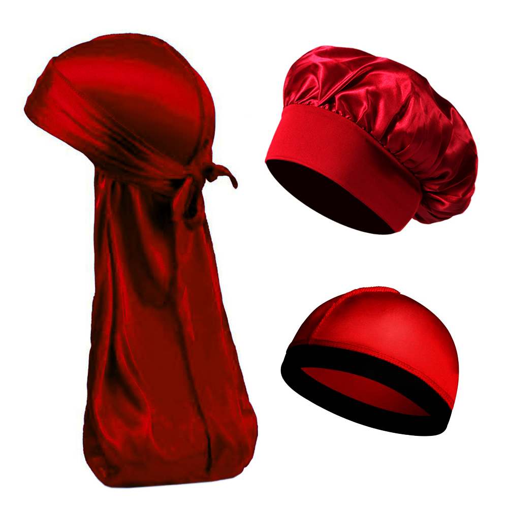 Bonnet en Satin soyeux de haute qualité, 3 pièces, unisexe, bandeau élastique, Bandanas Durags, longue queue, Bonnet de douche pour sommeil, Turban