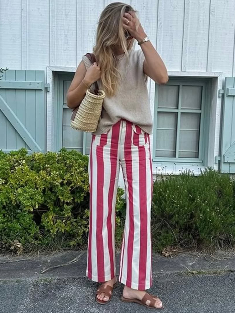Jean décontracté pour femme, taille basse, coupe slim, jambe large, rayures colorées, ourlet évasé, tendance Y2K, streetwear, été 2026