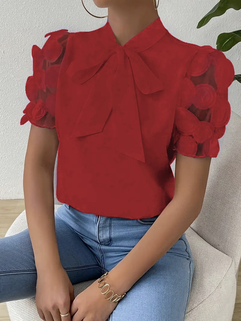 Chemisiers pour femmes à la mode col rond maille Patchwork chemisier à manches courtes avec cravate au cou manches courtes hauts T-shirts