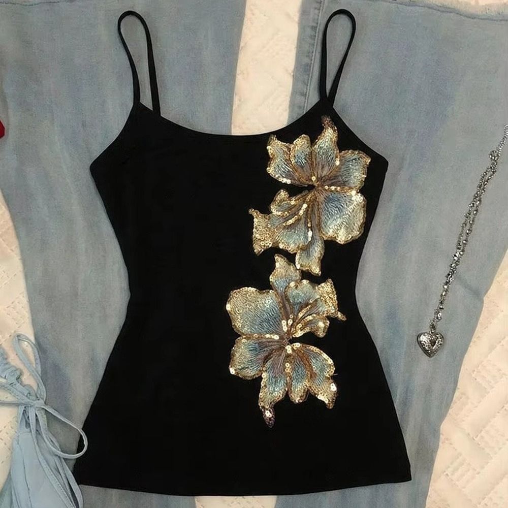 Débardeurs décontractés vintage d'été noirs sans manches pour femmes, coupe ajustée, imprimé floral, hauts camisole printemps-été