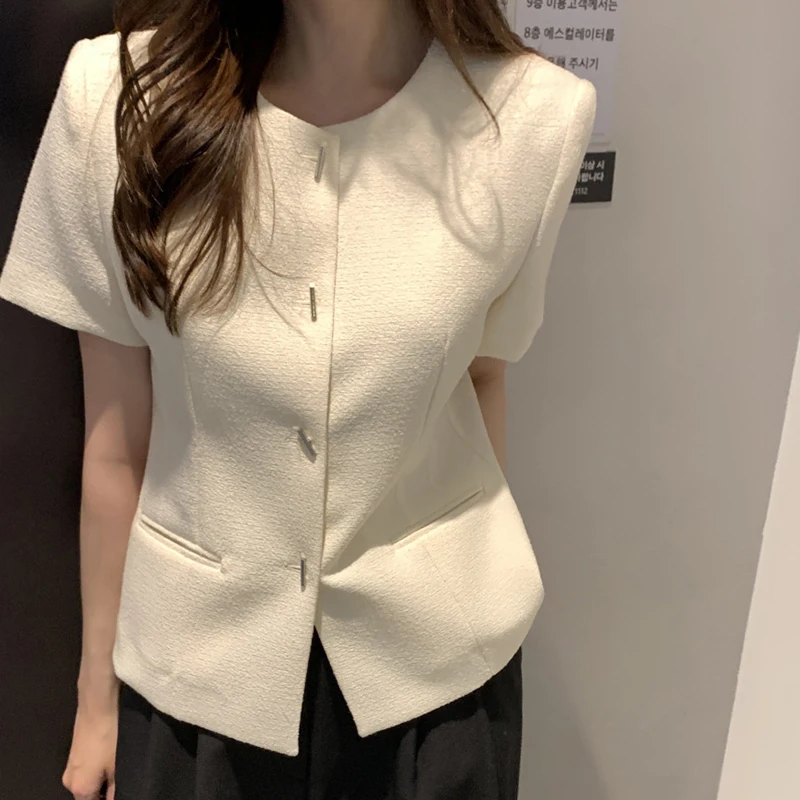 Manteau élégant de Style français pour femmes, Vintage, haut de gamme, col rond, assorti avec tout, amincissant, manches courtes, été