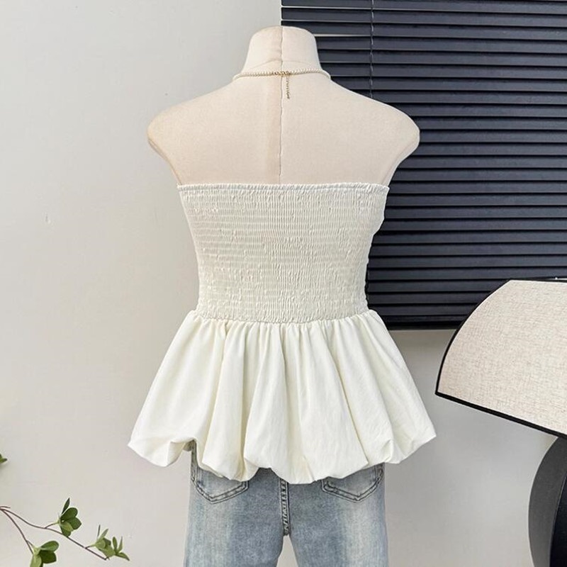 Femmes Camisole sans manches blanc noir gilet débardeurs volants dos nu culture hauts mince Sexy plissé épaules nues vêtements d'été