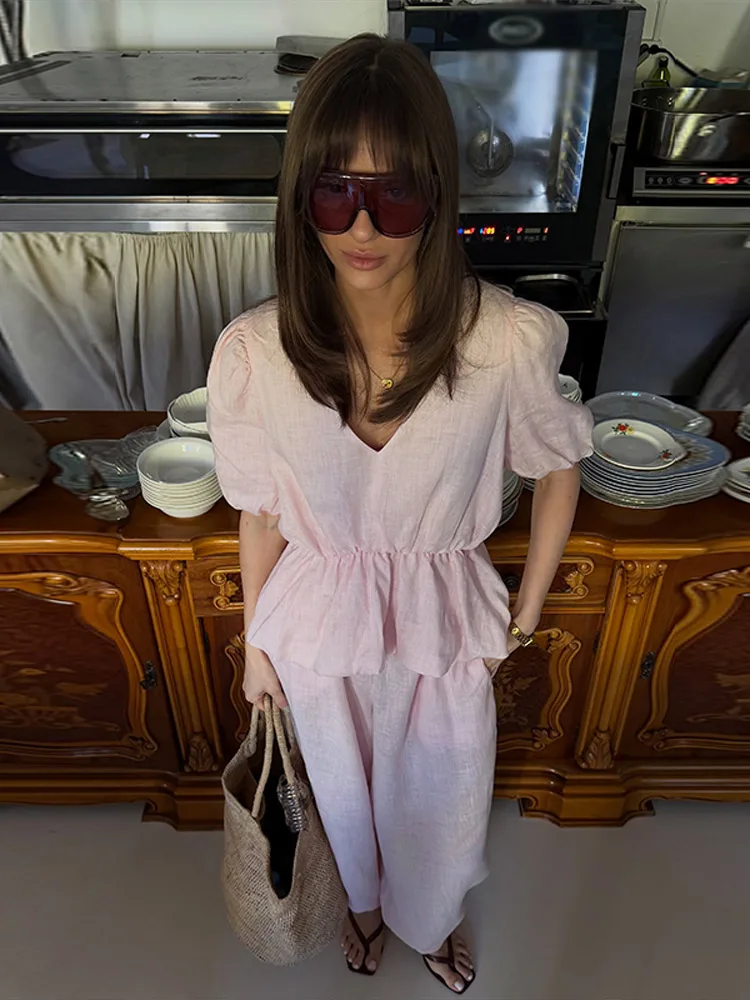 Ensemble décontracté pour femme : chemise à volants et col en V profond à manches courtes bouffantes, pantalon large à revers amples – Nouvelle collection été 2026