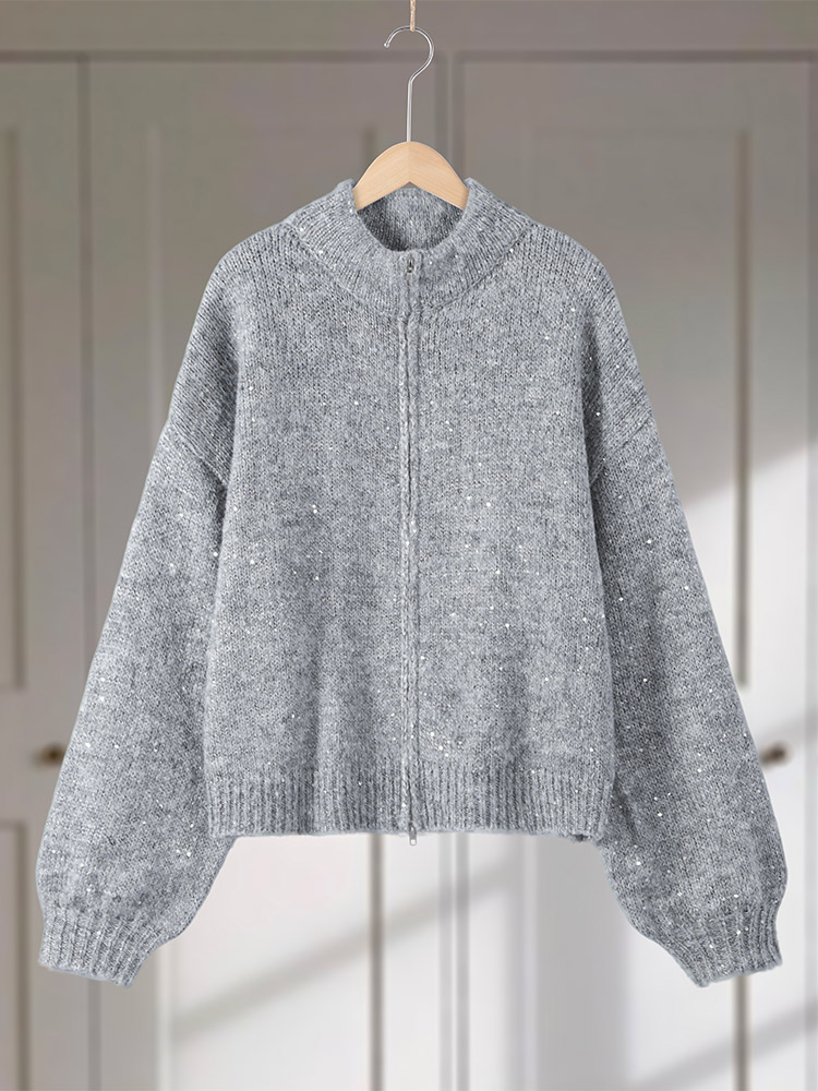 Cardigan tricoté à paillettes pour femme, Chic, couleur unie, col montant, Double fermeture éclair, pull surdimensionné, tricot, élégant, hiver