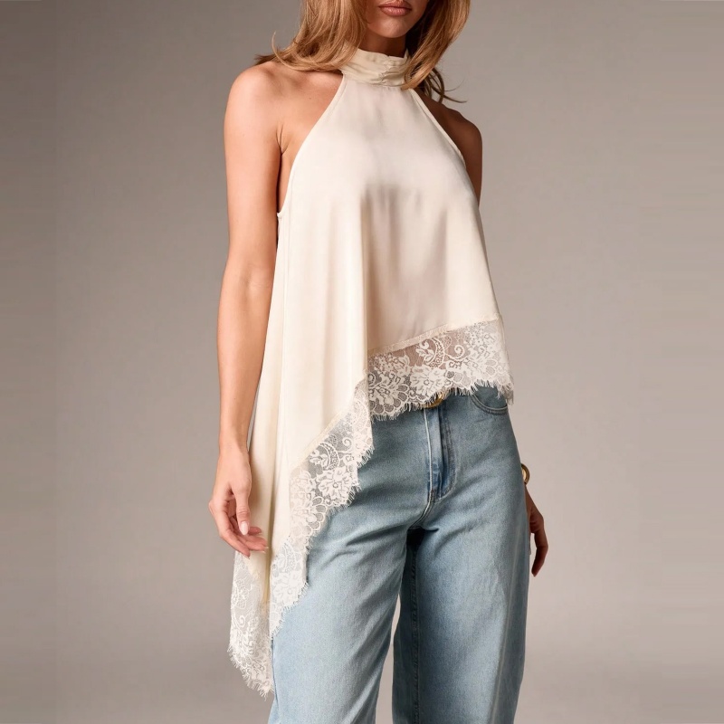 Femmes dentelle florale garniture Satin soie haut bas gilet bouton drapé tour de cou licou cou asymétrique Cami soyeux superposition haut