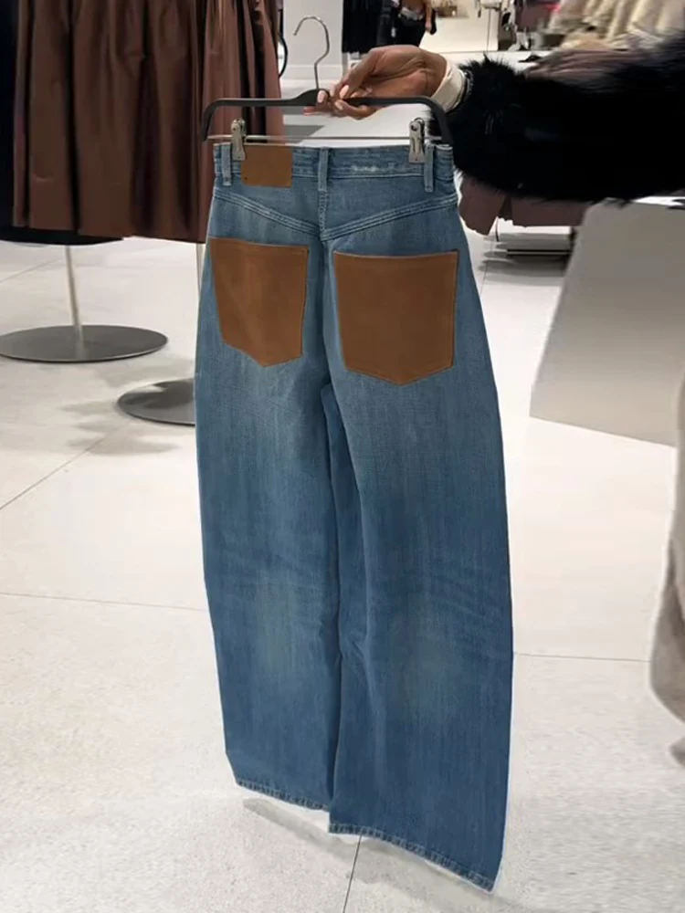 Jean pour femme taille haute, coupe large, avec poches contrastantes en cuir marron, style décontracté, en denim, collection printemps