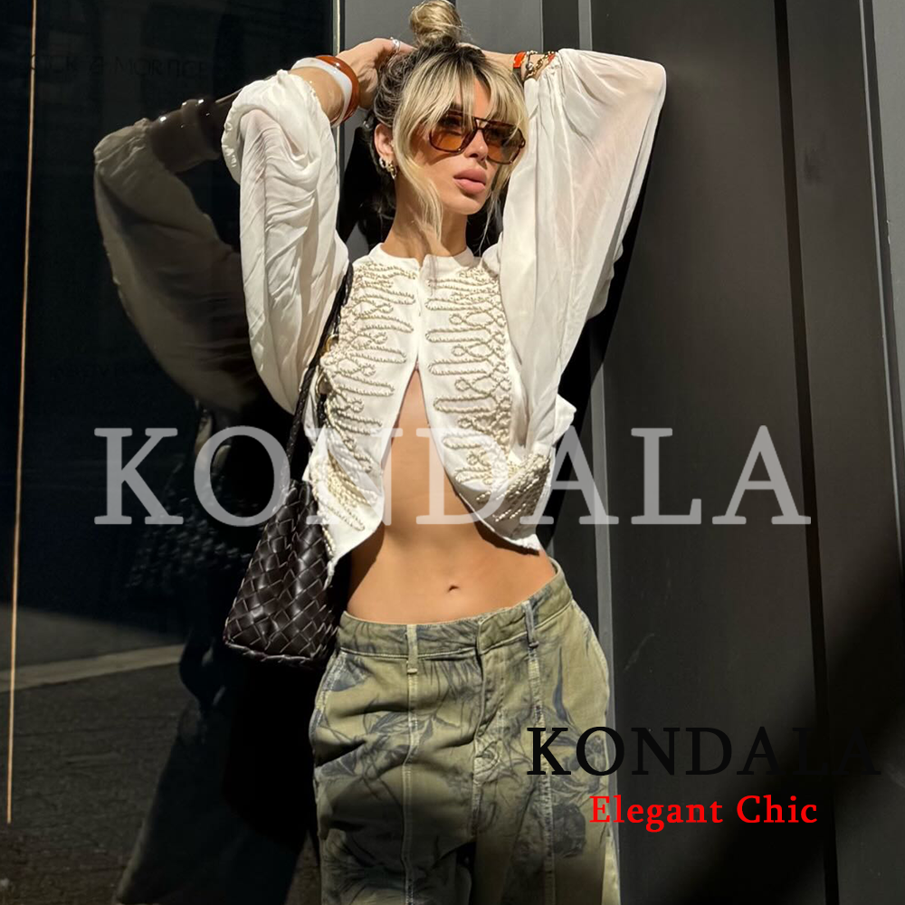 KONDALA Chemises Femme Vintage Chic à Finitions en Corde Nouée, Chemises Élégantes pour les Loisirs et les Rassemblements, Chemise Tendance pour les Vacances et les Rendez-vous, Collection Début d'Automne 2026