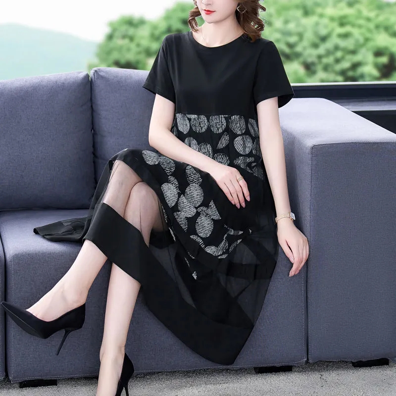 Robe imprimée à manches courtes pour femmes, grande taille, faux deux pièces, mère, mode, femme d'âge moyen, noir, 4XL, été, nouveau