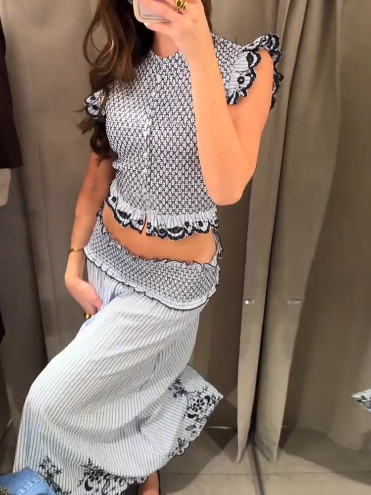 Ensemble 2 Pièces Jupe et Haut Bleu pour Femme – Hauts à Volants Tendance et Jupes Longues Brodé – Tenue Décontractée d'Été 2026 pour Vacances – Style Y2K