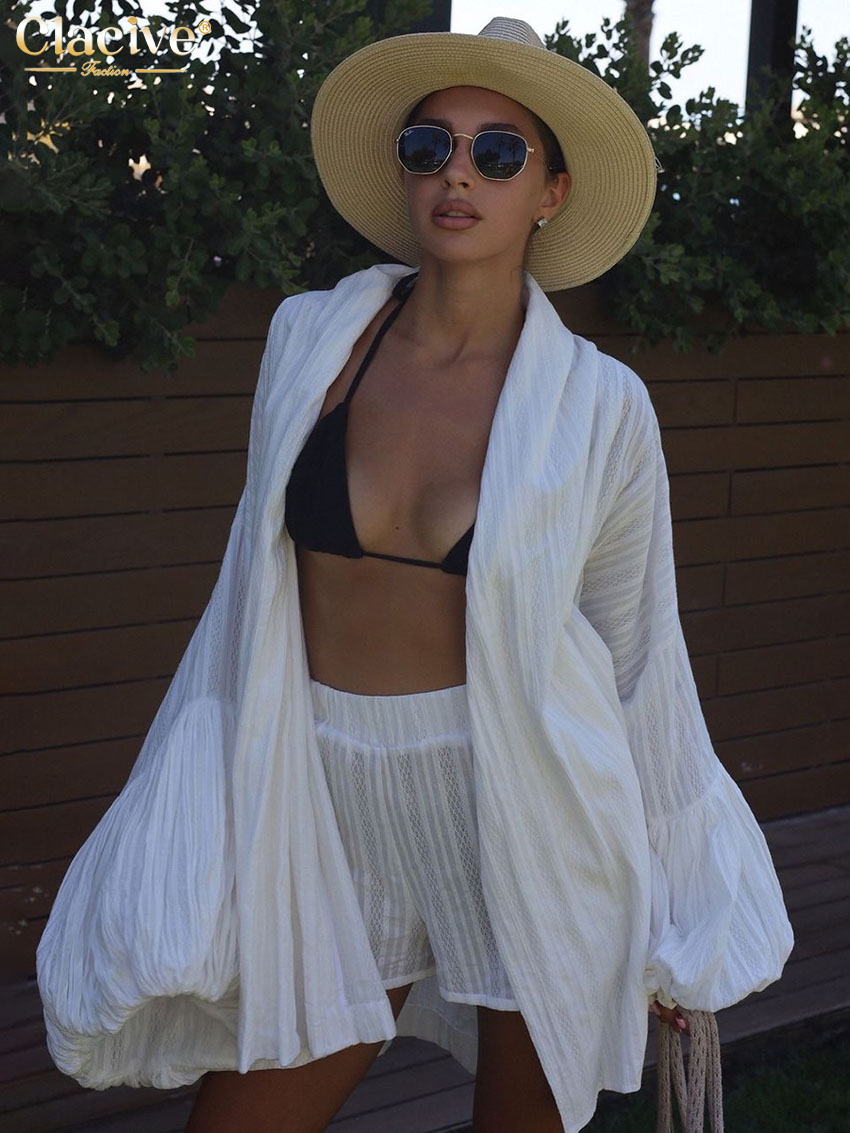 Clacive mode ample blanc coton ensembles pour femmes 2 pièces 2025 élégant manches bouffantes Robes avec taille haute Shorts ensemble femme