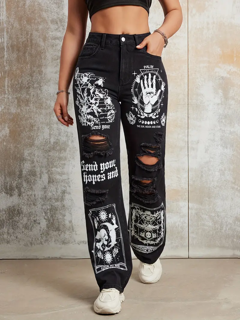 2025 nouveau Style femmes jean femmes printemps et automne nouvelle vente chaude rue INS même Style imprimé déchiré jean droit