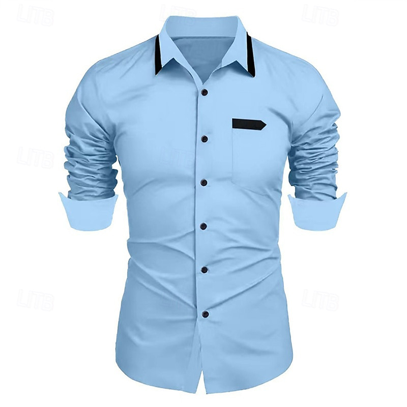 Chemise à manches longues à revers imbibé de boutons pour hommes, chemise d'affaires décontractée, matériau doux et confortable, bleu simple, blanc, rose