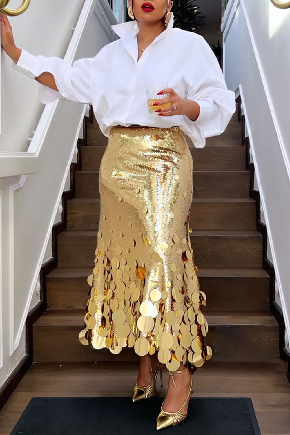 Grande taille femmes jupes formelles élégant or argent longue paillettes fête Club soirée taille haute jupes femme décontracté Cocktail jupes