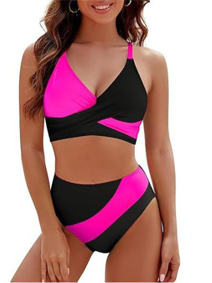 Femmes 2 pièces ensemble de Bikini Patchwork col en v hauts sans manche bas string plage maillot de bain pour les femmes