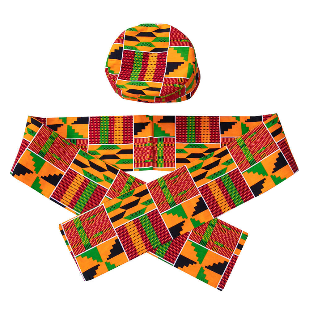 Ensemble de costumes de Cosplay à motif Kente africain, 2 pièces, avec chapeau Kufi, écharpe, étole, ceinture, histoire noire, accessoires de fête à thème africain