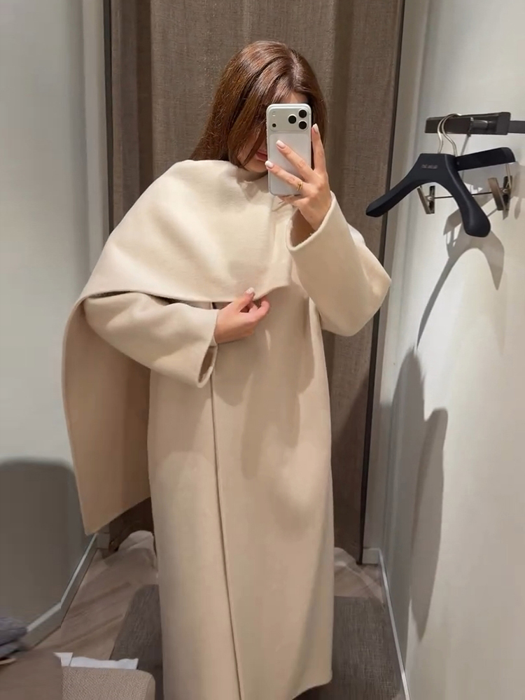 Manteau pour femme, col écharpe, manteau uni à manches longues, coupe ample, manteau asymétrique drapé, vêtement d'extérieur élégant et décontracté pour femme