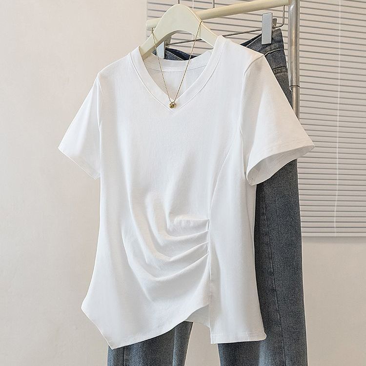 Vêtements pour femmes de grande taille, printemps et été, nouveau t-shirt décontracté ample et fin à plis irréguliers à l'intérieur et à l'extérieur, à manches courtes