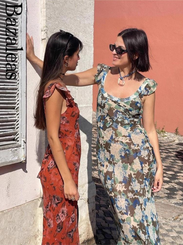 Bazaleas-Robe mi-longue à volants en mousseline de soie pour femmes, manches cape, imprimé floral rouge, vêtements d'été élégants, 2021