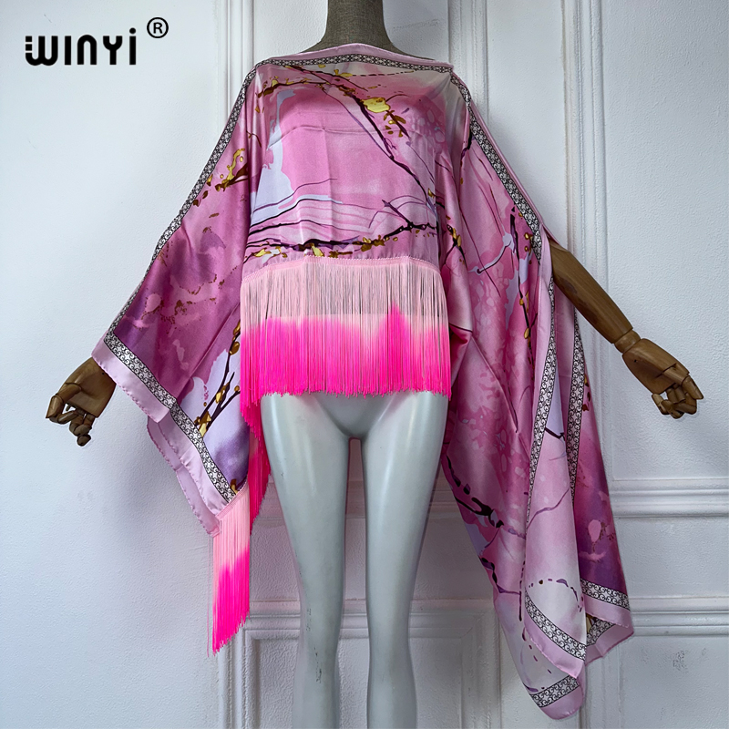 WINYI Beach Nouvelle Robe à Pompons, Robe Longue Maxi Africaine, Couvre-Bikini Imprimé Bohème d'Été, Kaftan Élégant et Tendance, Robe Sexy pour Fête et Vacances