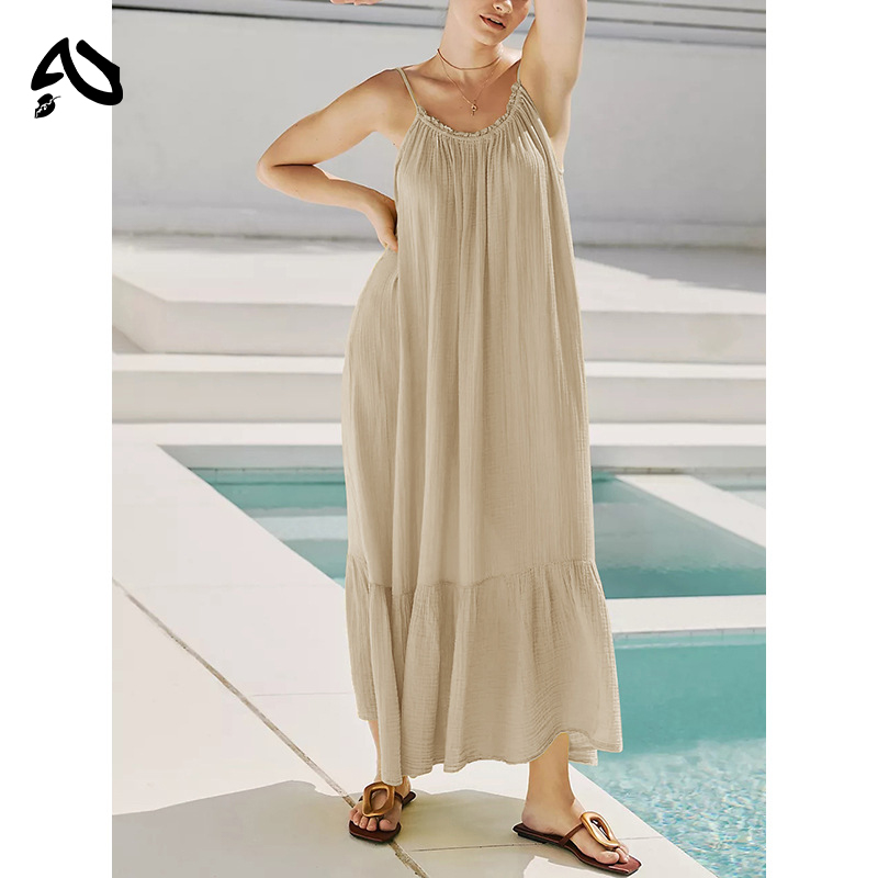 Robe de plage élégante en mousseline, style décontracté, 100% coton, robes maxi rétro, coupe trapèze, sans manches, robe d'été, pour les vacances et les voyages