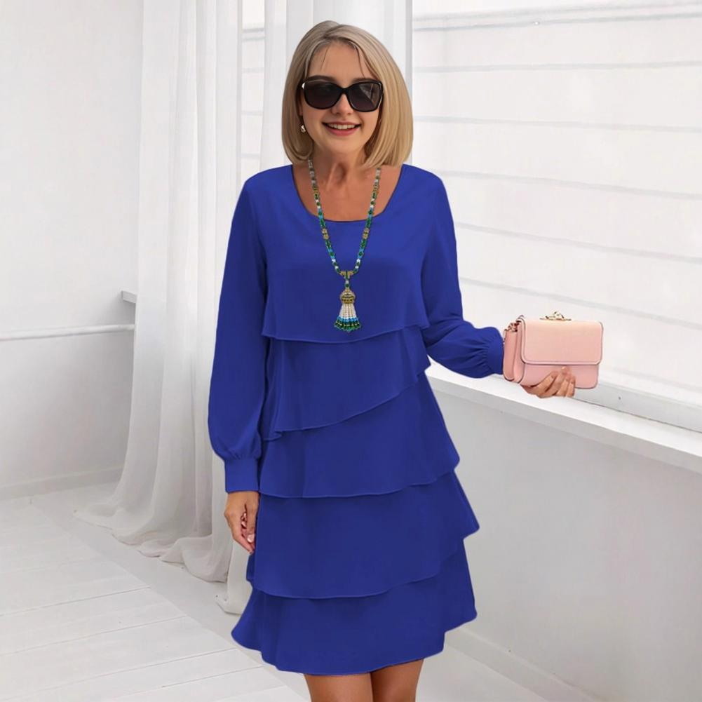 Robe en tissu léger pour femmes, élégante, multicouche, gâteau, couleur unie, col rond, manches longues, pour les vacances