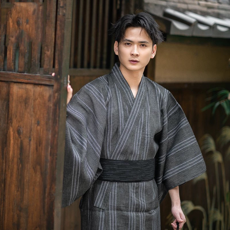 Été marine japonais traditionnel samouraï Kimono pour hommes Yukata Robe de bain Hekoobi Style ample Homewear ceinture longue Robe coton