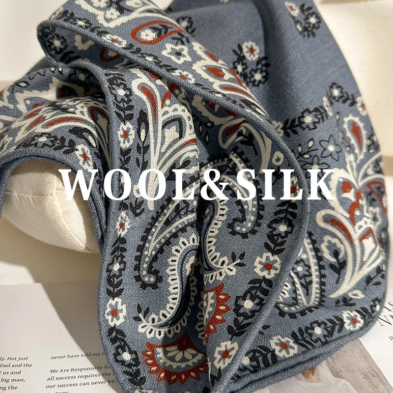 70% laine 30% foulard en soie femmes hiver ethnique gris Orange bleu Paisley imprimé foulards châle femme Hijab dames accessoires