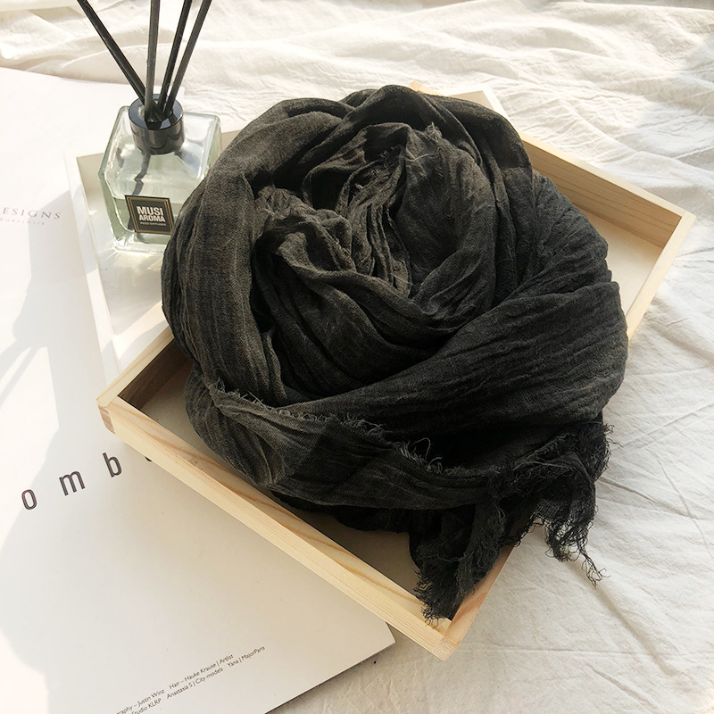 Écharpe Vintage en coton et lin froissé pour hommes et femmes, couleur unie, Pashmina chaud, bord frangé, châles et enveloppes doux, automne hiver