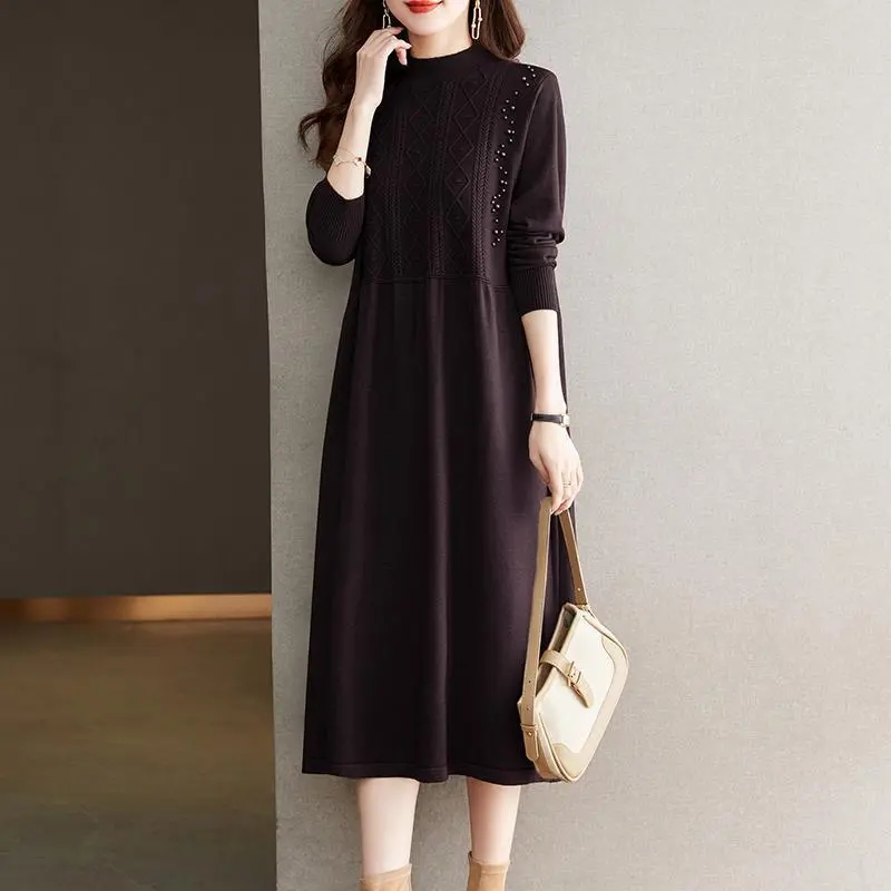 Nouvelle Robe Pull Tricotée Femme Printemps Automne 2026 Version Mi-Longue Robe Pull Élégante pour Femme Jupe de Base Tendance