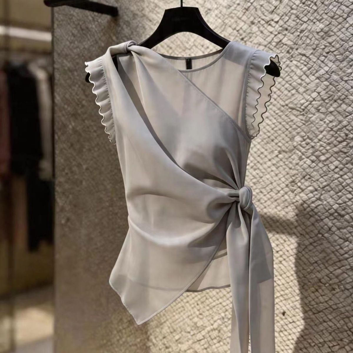 Chemisier Femme Élégant à Lacets, Couleur Unie, Col Rond, Sans Manches, Transparent, Tendance Été