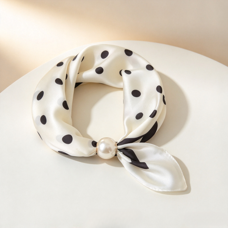 Écharpe de cou en satin pour femmes, petit foulard rayé noir et blanc avec grande boucle magnétique en perles, accessoire de cou élégant et décoratif.