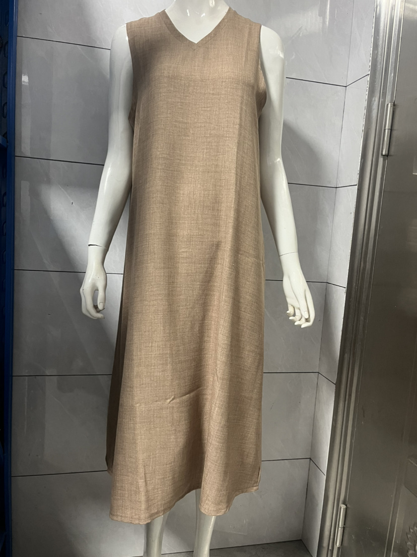 Robes pour femmes 2026 Nouvelle collection été Coton Lin Couleur Unie Col V Sans Manches Longues Robes Vêtements Femme Vestidos