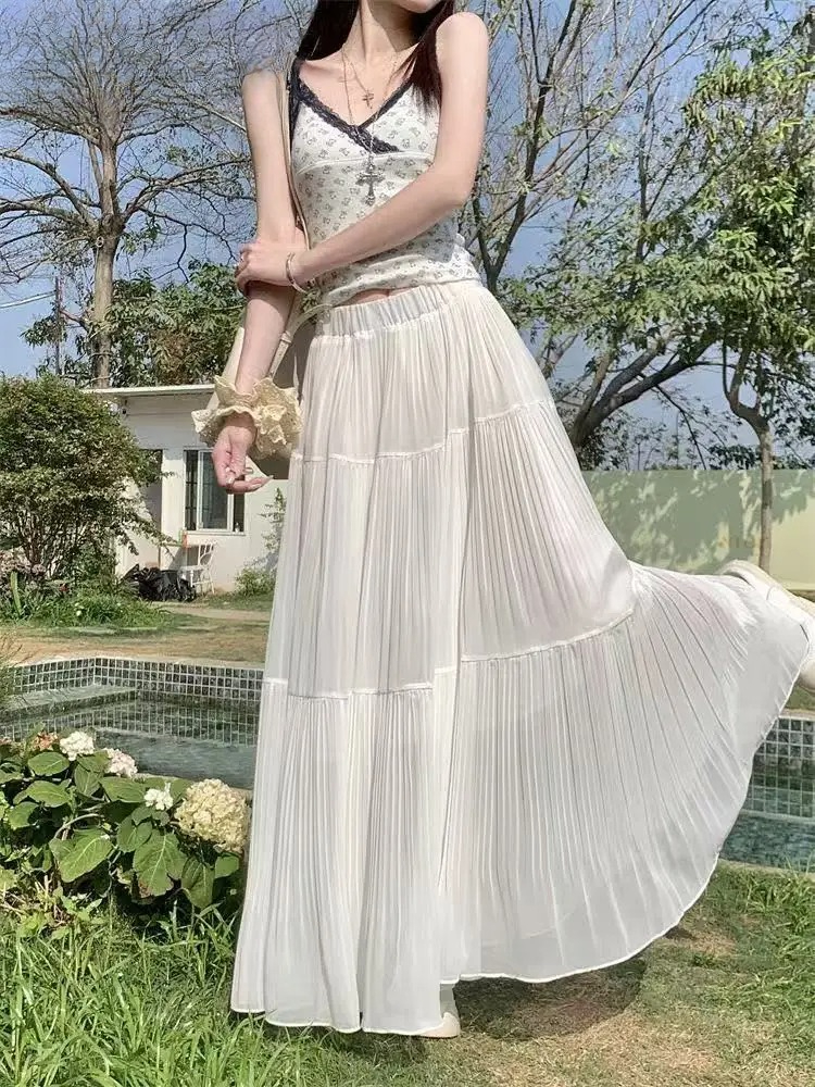 Nouvelle jupe plissée trapèze longue taille haute en gaze fine pour femme, collection Printemps-Été 2025 – Chic et élégante