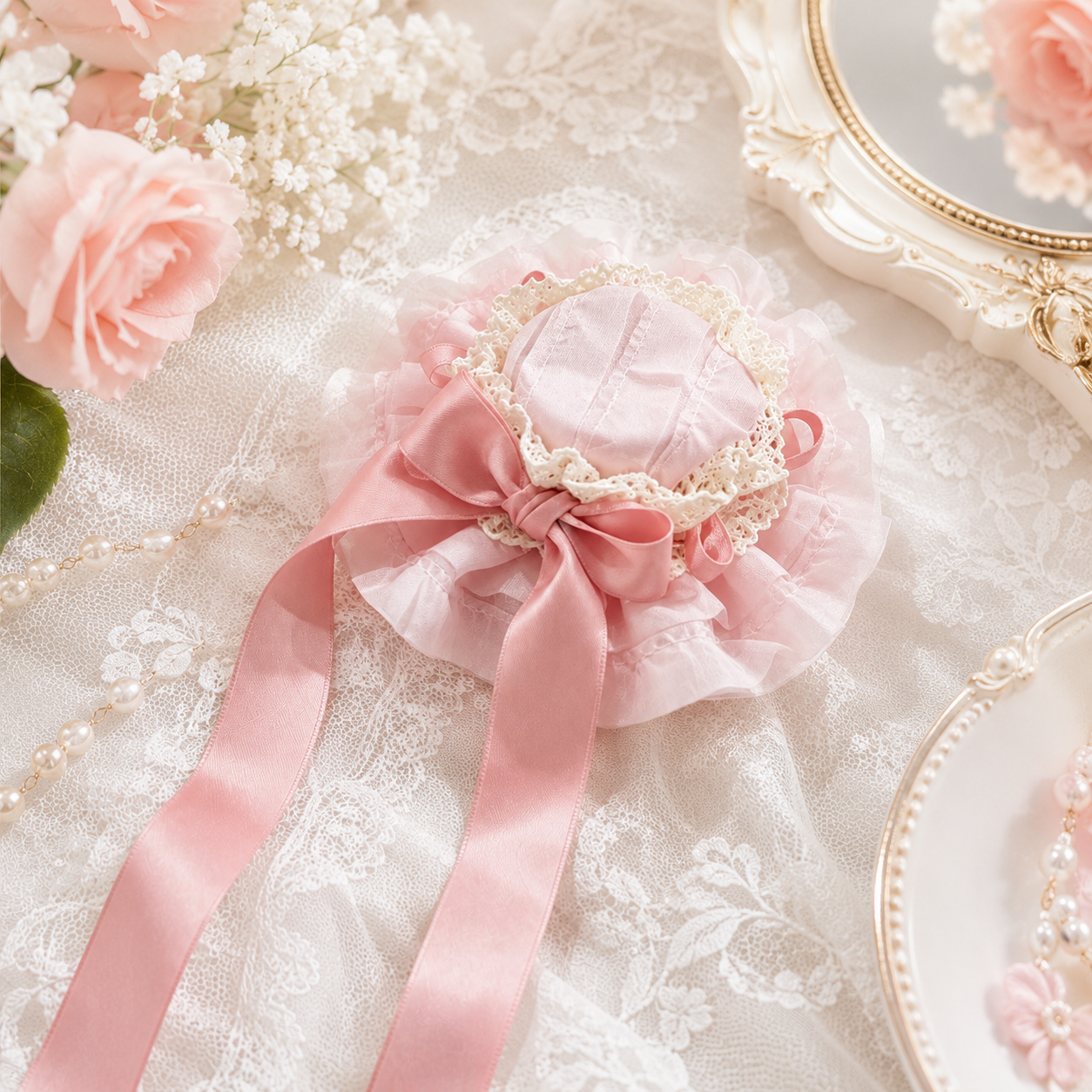 Bonnet vintage en dentelle Lolita avec long ruban en satin, accessoire pour cheveux à volants pour femmes et filles, 3 couleurs