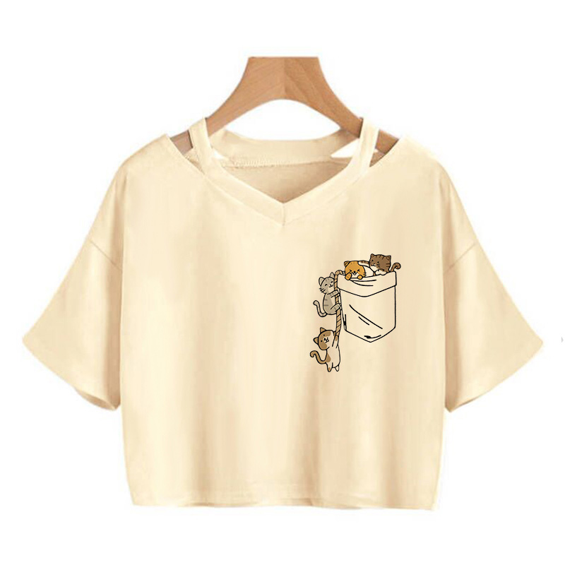 T-shirt court Y2K sexy pour femme, imprimé chat de dessin animé Kawaii, drôle et mignon, idéal pour l'été