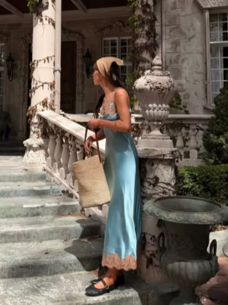 Robe longue chic en satin et dentelle patchwork pour femme, élégante, sans manches, dos nu, ajourée, coupe ajustée, Vestidos 2026, tenue de soirée estivale pour femme