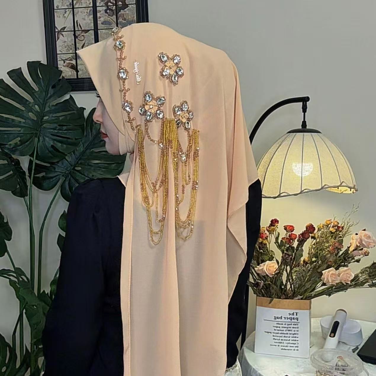 Abaya Hijab pour femmes musulmanes, châle en dentelle, foulard de luxe à pompons, écharpe de prière malaisienne, Kufi Islam, Turban d'Arabie Saoudite 05482