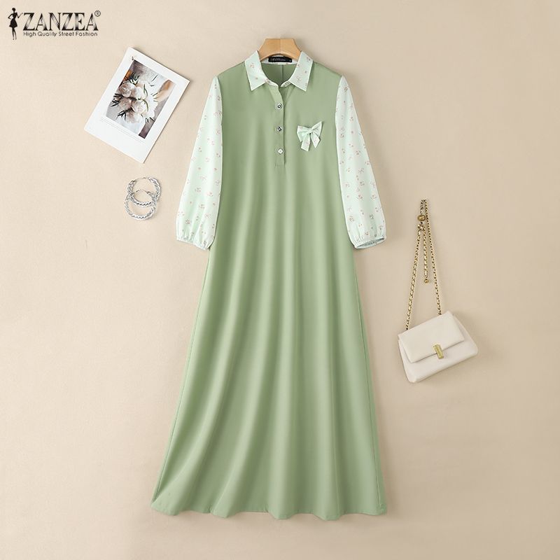 ZANZEA – Abaya pour femmes musulmanes, robe longue maxi, demi-boutons, col à revers, manches bouffantes, patchwork, mode islamique modeste, robes femme