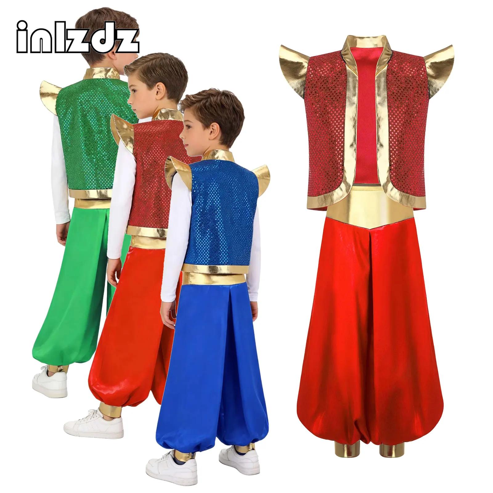 Costumes de cosplay arabes pour garçons, 2 pièces, veste arabe à paillettes métalliques avec pantalon ample à taille haute, ensemble pour fête de cosplay d'Halloween