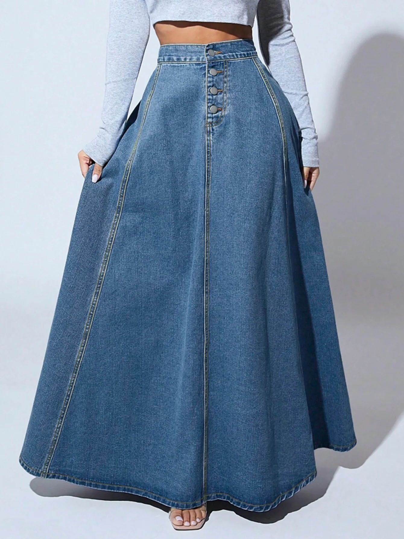 Jupe longue en jean pour femmes, ligne A, simple boutonnage, taille haute, Vintage, Maxi, Simple, décontractée, élégante, épissure, Streetwear Y2k