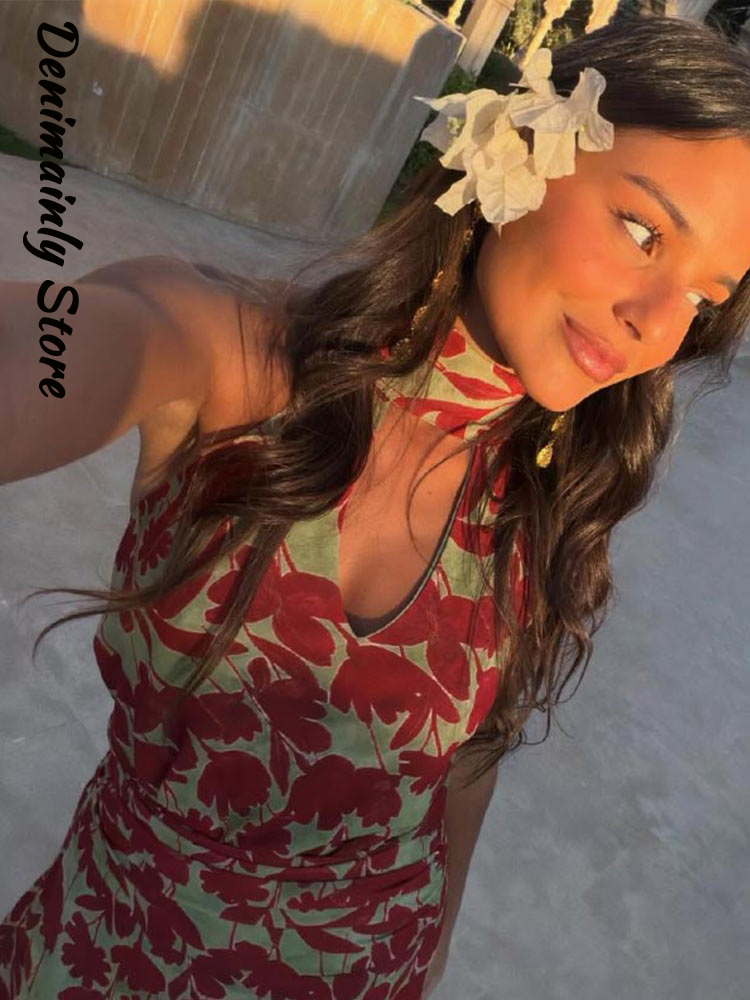 Robe longue vintage imprimée pour femme, sans manches, dos nu, à volants et découpes, style halter, collection été 2026, pour femme, style urbain