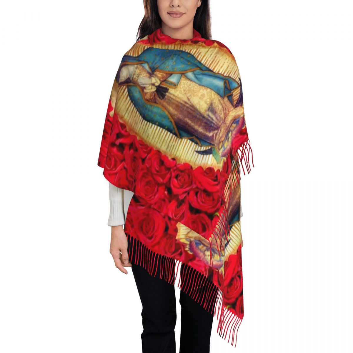 Écharpe Personnalisée Vierge Marie avec Fleurs pour Femme, Long Châle Chaud, Unisexe, Catholique, Rond, Hiver, Automne