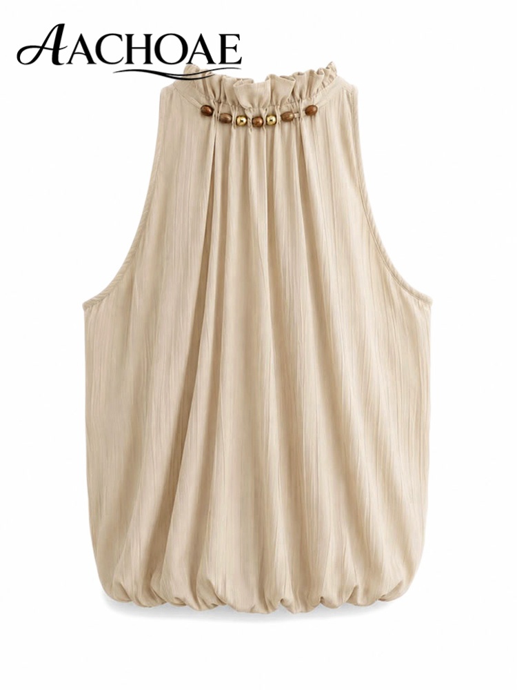 Chemisier plissé bohème perlé à col halter sans manches pour femme, coupe ample, élégant, idéal pour les vacances d'été