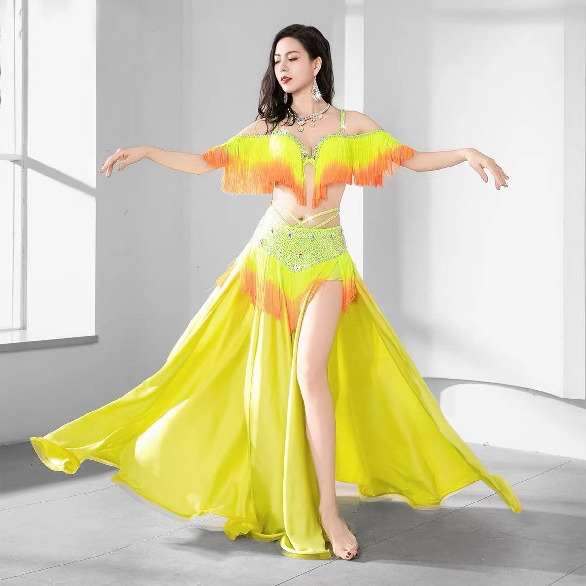 Costume de danse du ventre égyptien pour femmes, tenue orientale à franges, soutien-gorge perlé avec strass, ceinture, jupe Maxi, tenue de concours de danse de groupe