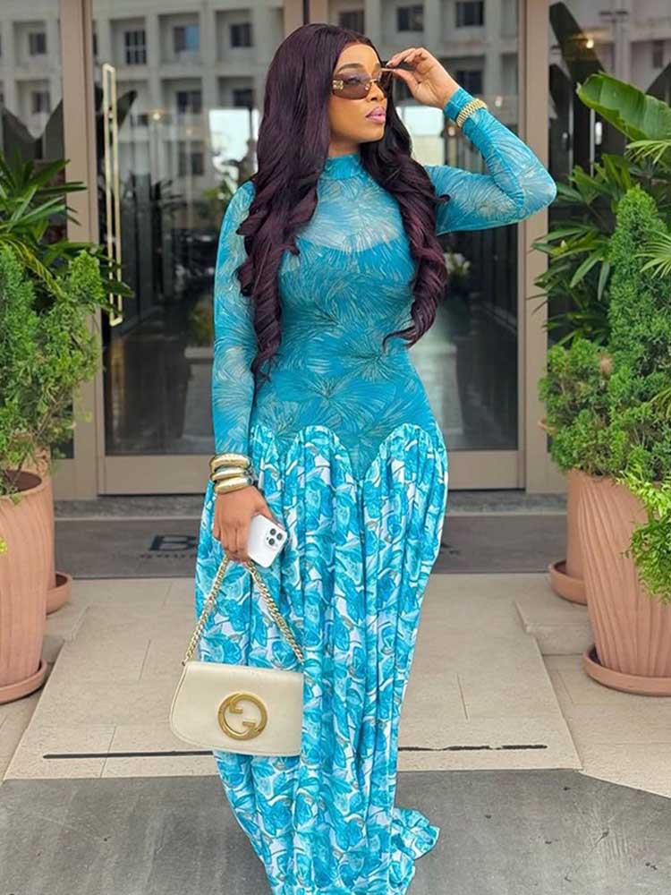 Une ligne robe Maxi pour les femmes automne bleu clair robe à manches longues taille mince mi-col roulé Chic élégant robes de soirée dames