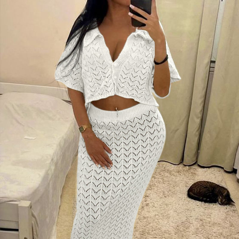 Femmes nouveau Style 2 pièces vêtements de plage couvrir couleur unie tricoté tenues ensemble vacances plage évider crème solaire haut jupe costume