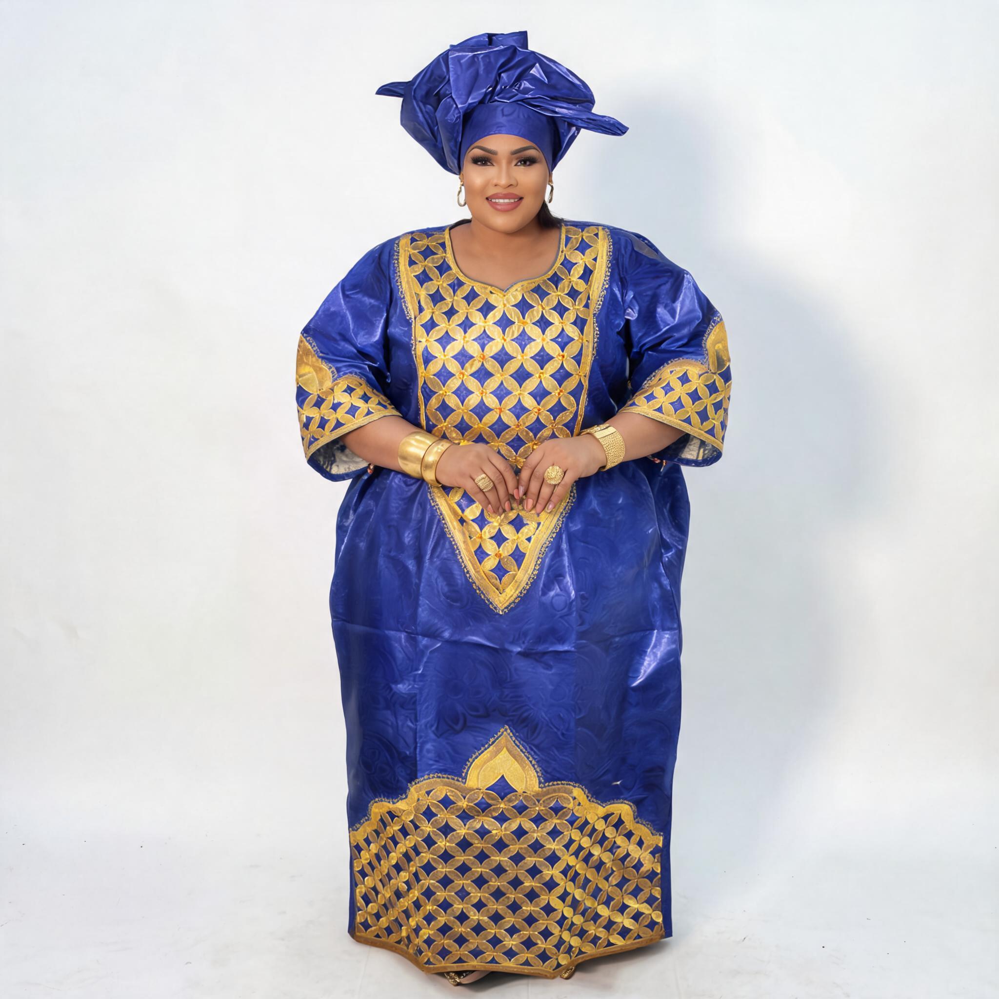 Robes africaines pour femmes, grandes tailles, en tissu Bazin Riche, avec broderies, robe longue et écharpe.